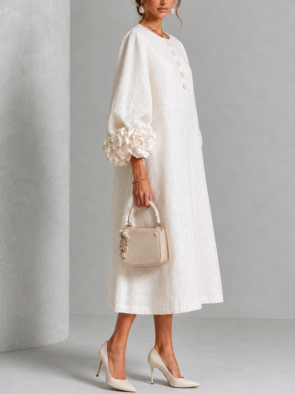Vestido Midi con Botones de Flores y Mangas con Flores Extravagantes