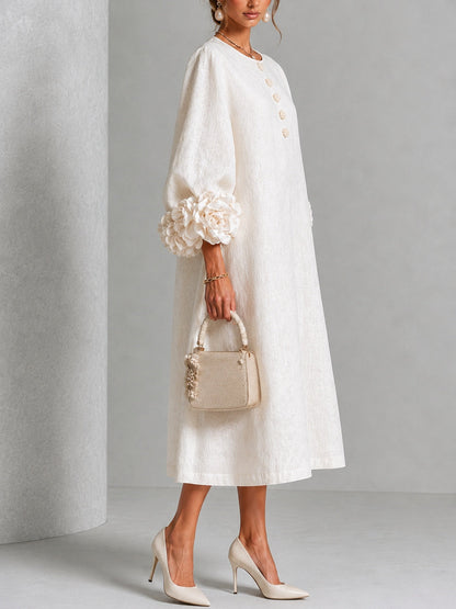 Vestido Midi con Botones de Flores y Mangas con Flores Extravagantes