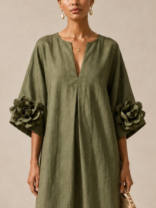 Vestido Midi con Escote en V y Mangas Florales Extravagantes
