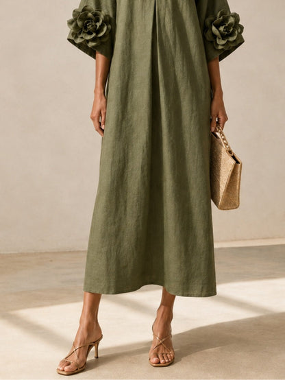 Vestido Midi con Escote en V y Mangas Florales Extravagantes