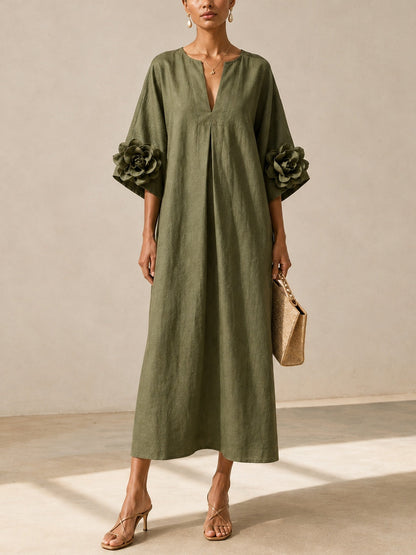 Vestido Midi con Escote en V y Mangas Florales Extravagantes