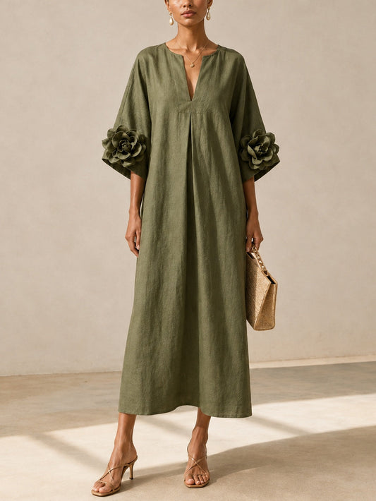 Vestido Midi con Escote en V y Mangas Florales Extravagantes
