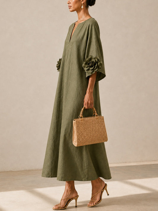 Vestido Midi con Escote en V y Mangas Florales Extravagantes