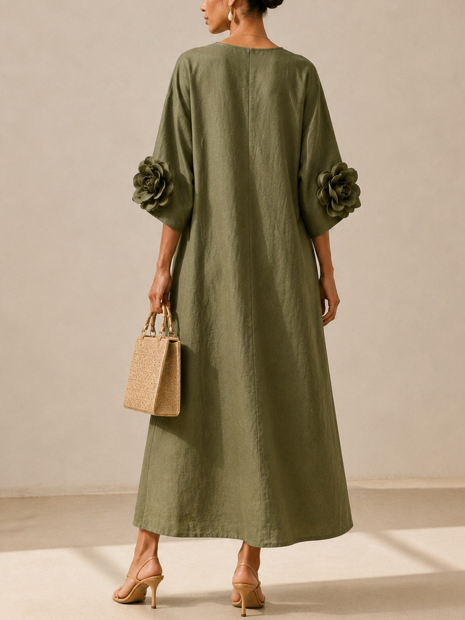 Vestido Midi con Escote en V y Mangas Florales Extravagantes
