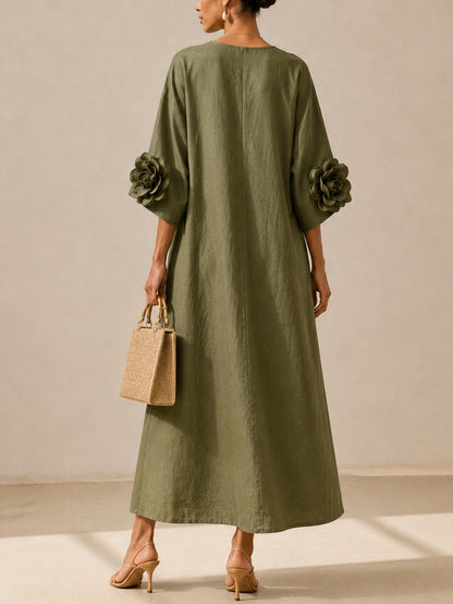 Vestido Midi con Escote en V y Mangas Florales Extravagantes