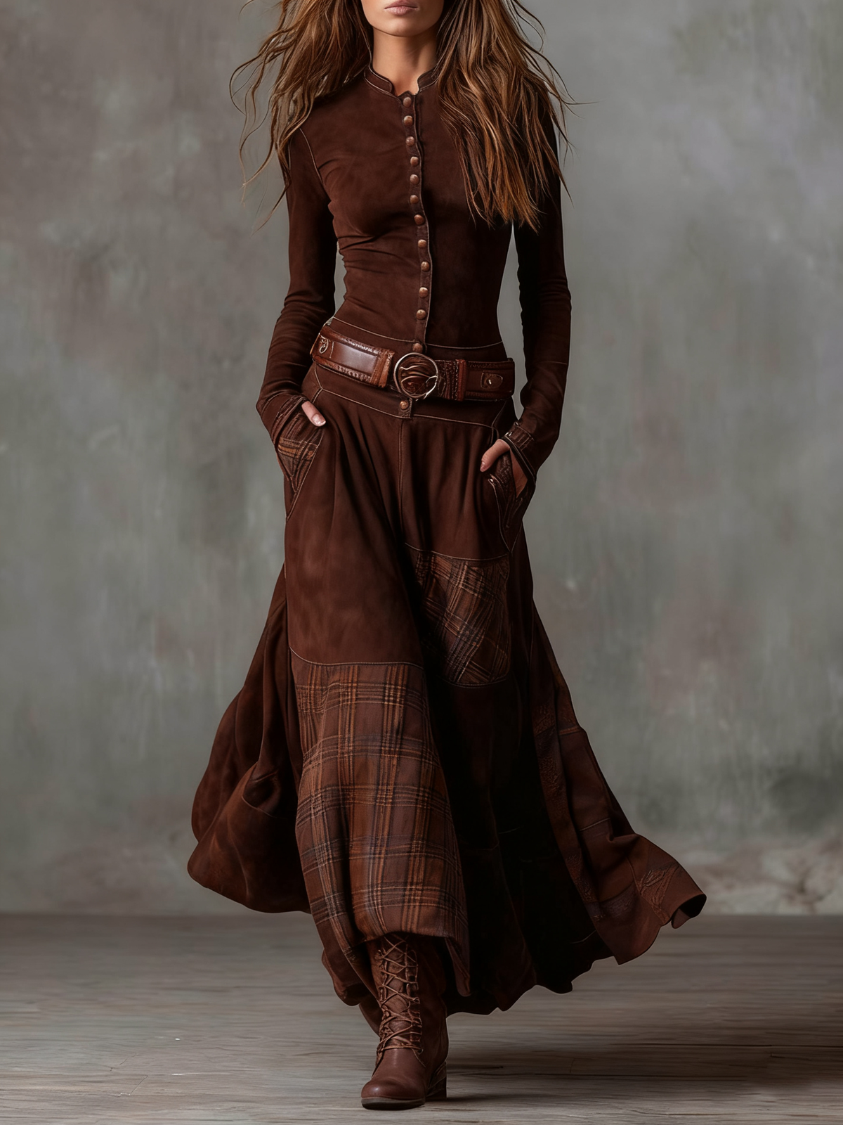 Azucena - Vestido Largo Efecto Ante con Cinturón