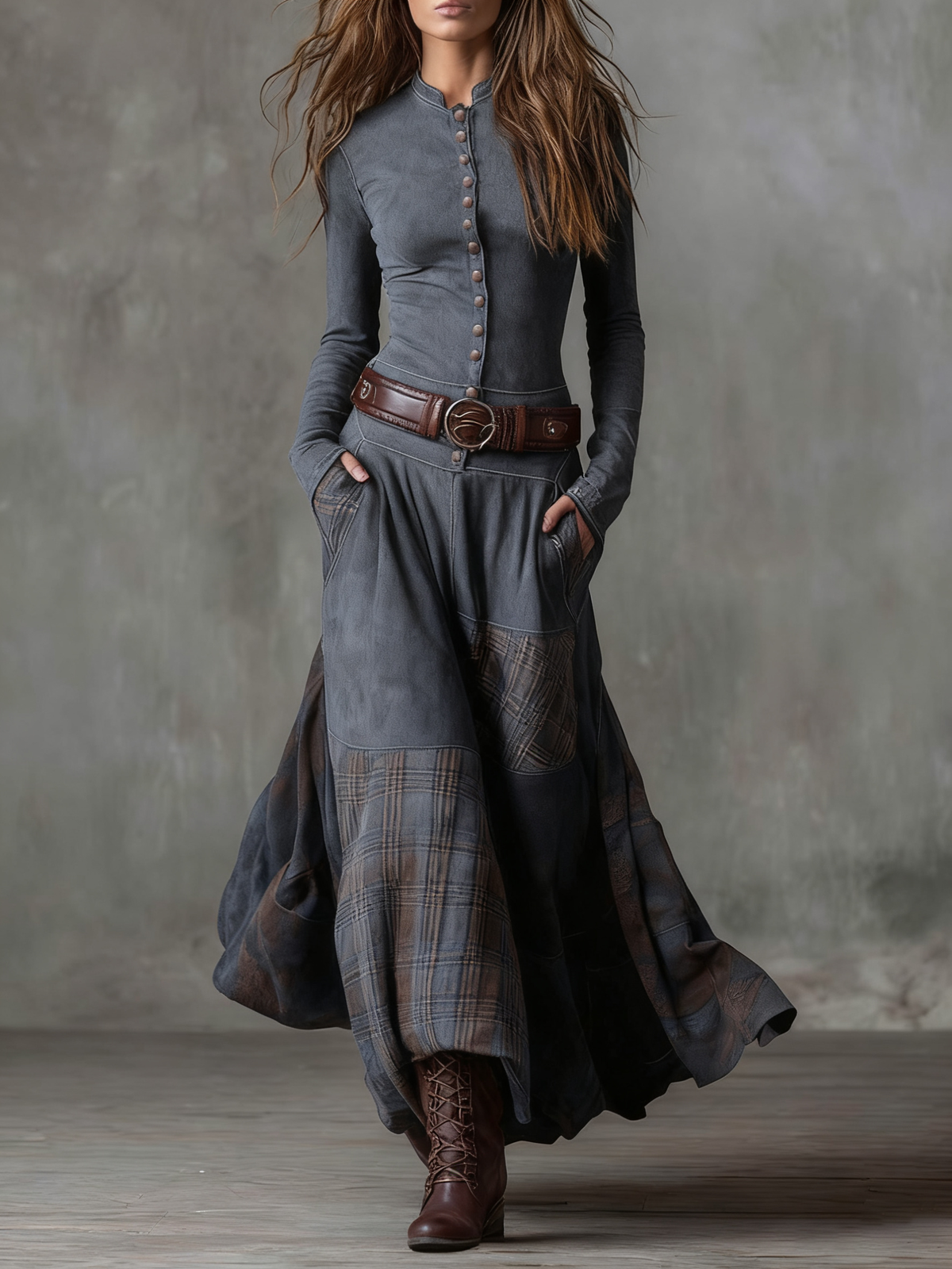 Azucena - Vestido Largo Efecto Ante con Cinturón