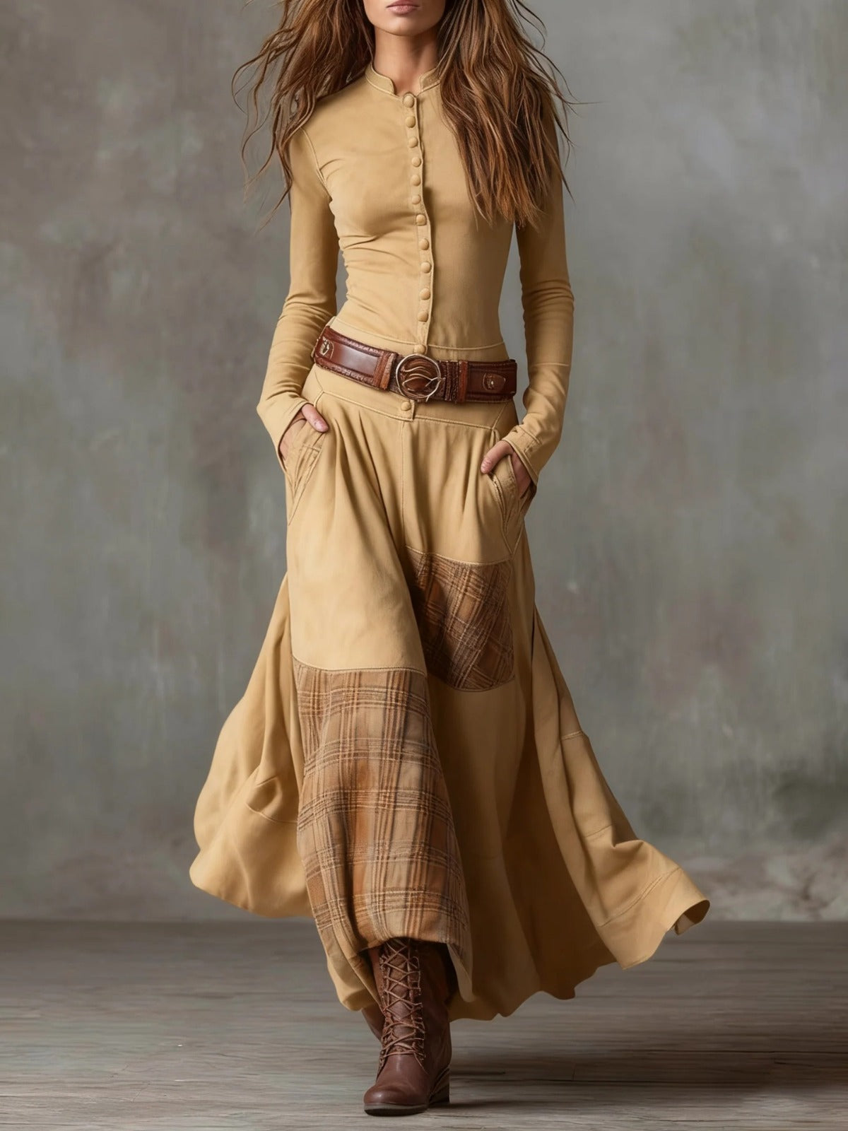 Azucena - Vestido Largo Efecto Ante con Cinturón