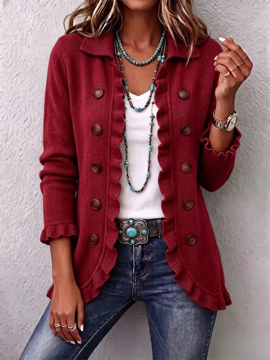 Rosalía - Chaqueta de Punto Rojo Rubí con Volantes