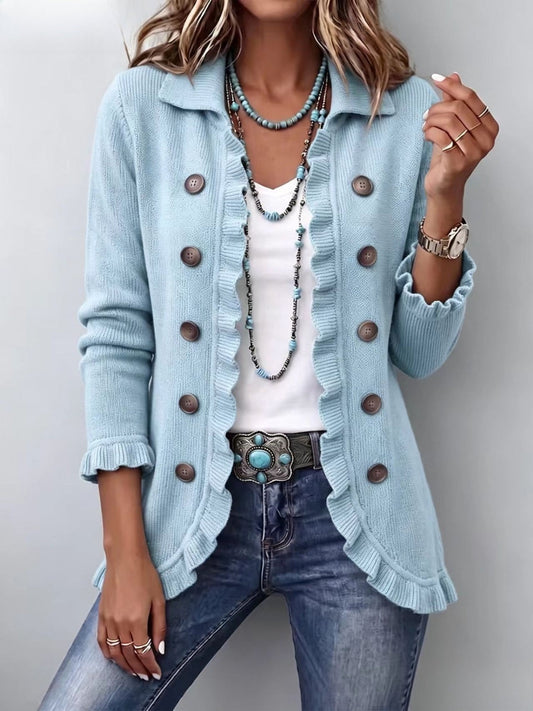 Cecilia - Chaqueta de Punto Azul Empolvado con Volantes