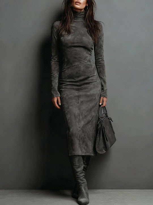 Consuelo - Vestido Midi Marrón de Efecto Ante