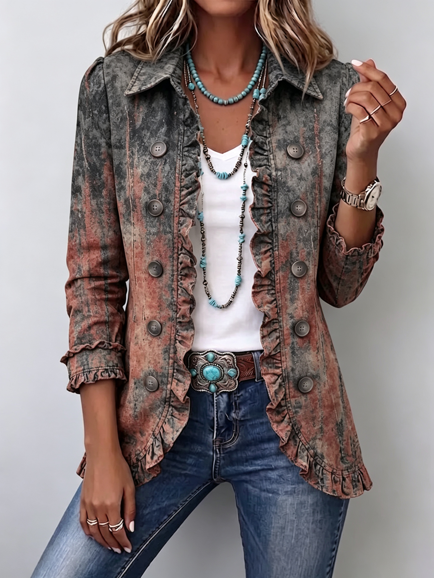 Benita - Chaqueta Degradado Texturizado con Volantes