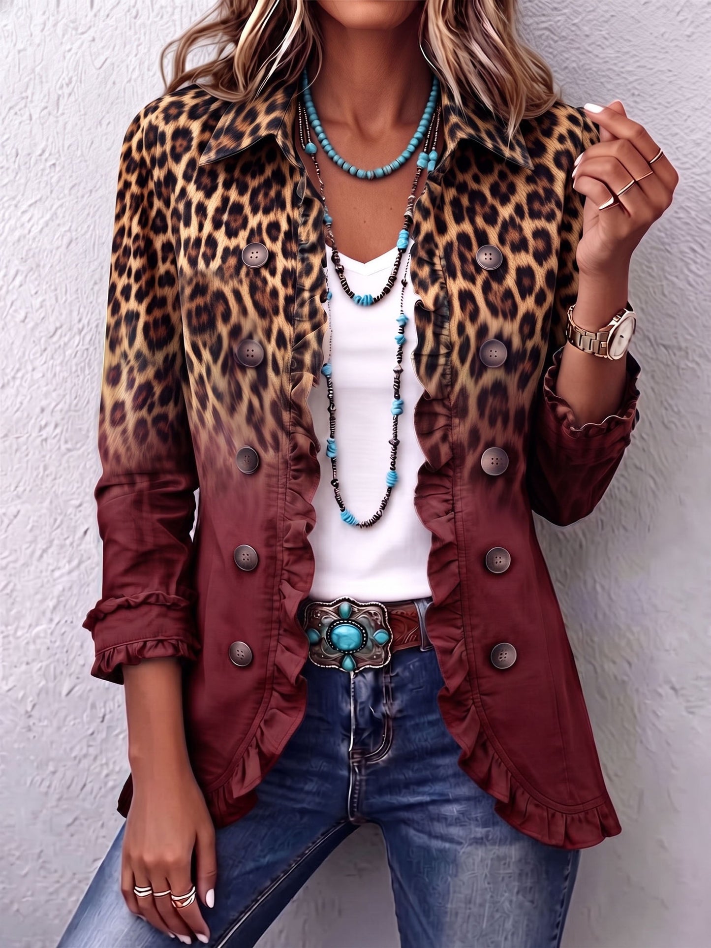 Mercedes - Chaqueta Blazer Leopardo Degradado con Volantes