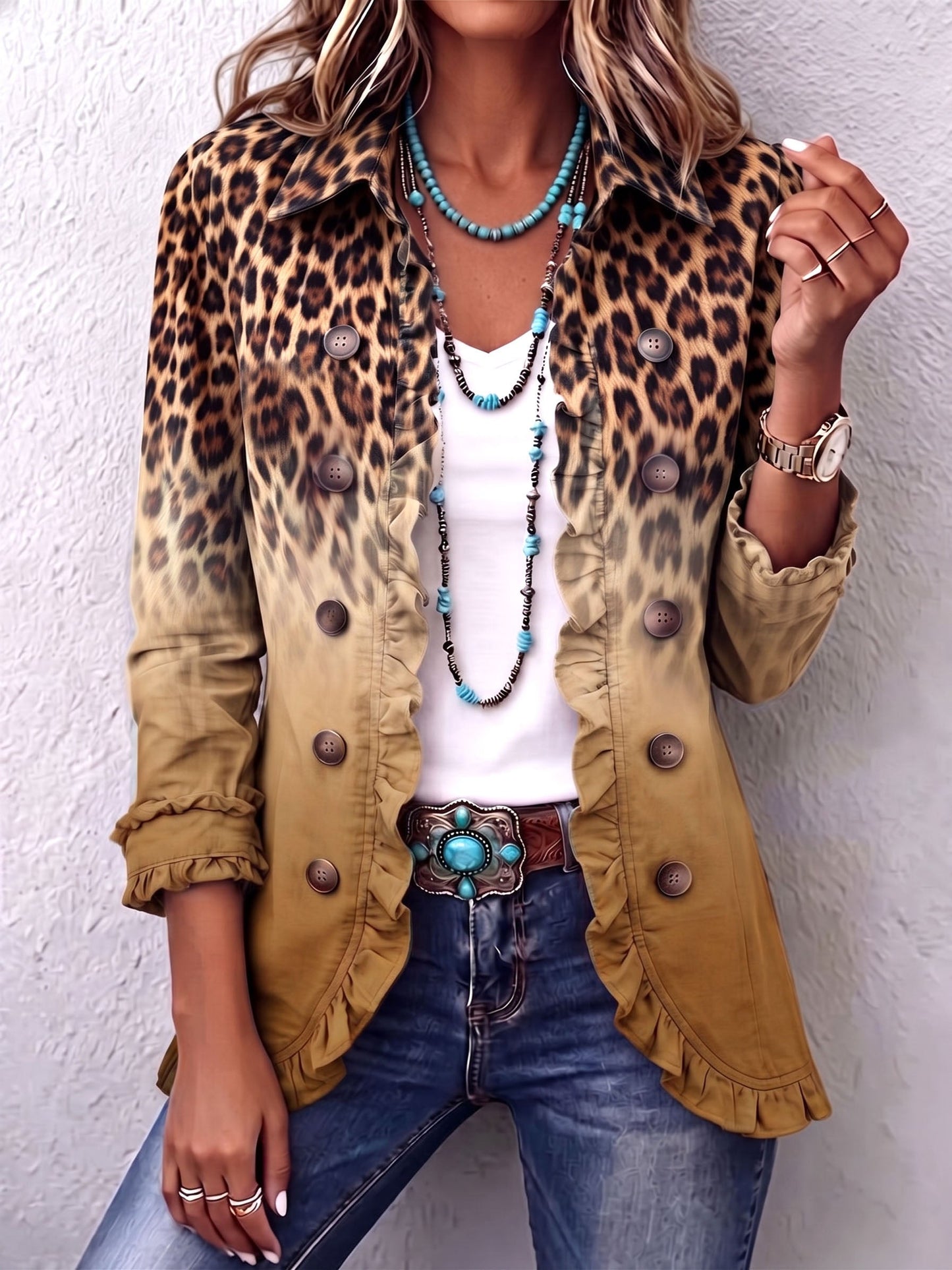Reyes - Chaqueta Blazer Leopardo Ocre con Volantes