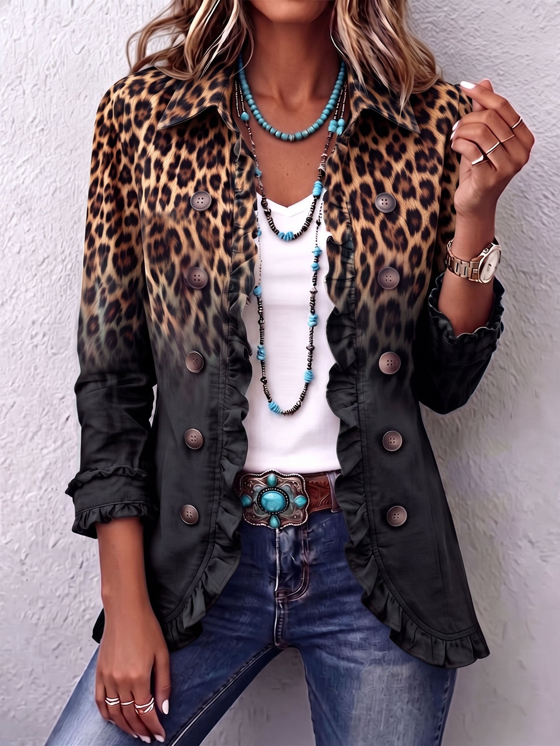 Sabina - Chaqueta Blazer Leopardo Negro con Volantes