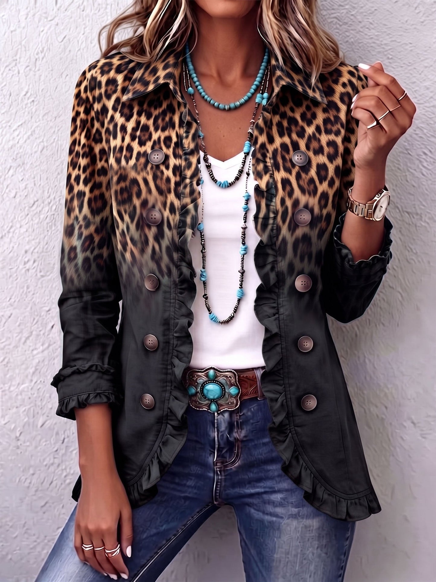 Sabina - Chaqueta Blazer Leopardo Negro con Volantes