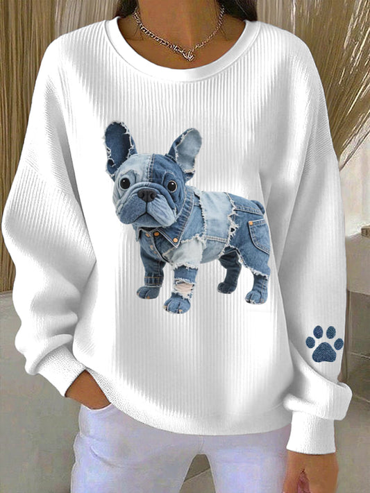 Rosa - Sudadera con Patchwork Denim Estilo Bulldog Francés
