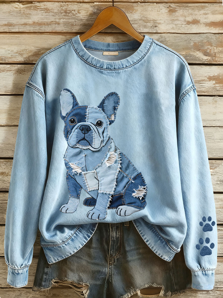 Nina - Sudadera con Patchwork de Mezclilla en Estilo Bulldog Francés