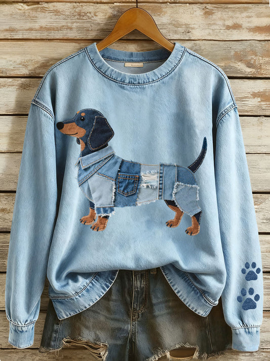 Sol - Sudadera con Patchwork de Denim y Motivo de Dachshund