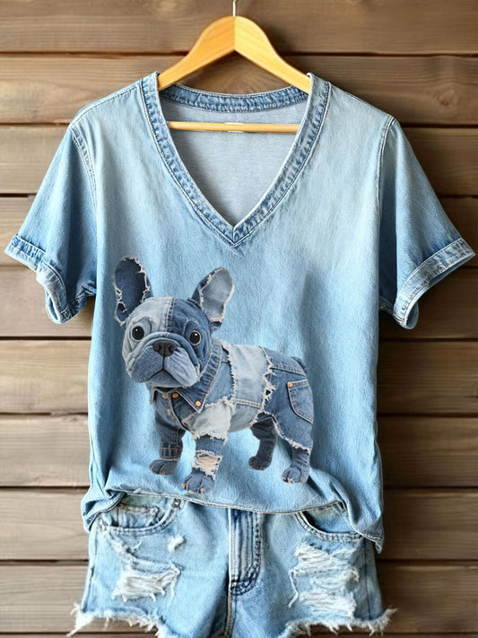 Dulce - Camiseta de Mujer con Cuello en V Estilo Bulldog Francés