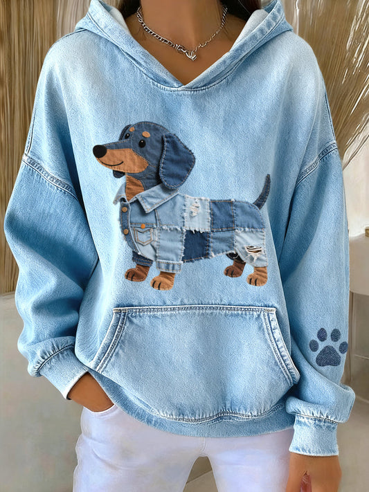 Azucena - Sudadera de Denim con Parche de Perro Salchicha