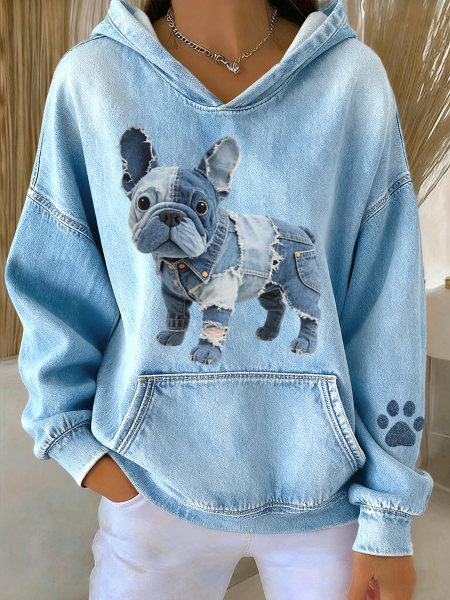 Blanca - Sudadera con Capucha de Bulldog Francés con Parche de Denim