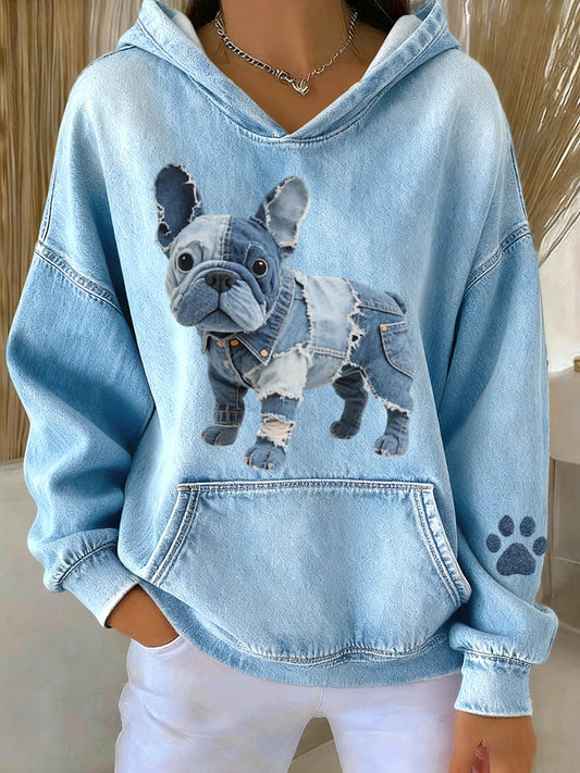Blanca - Sudadera con Capucha de Bulldog Francés con Parche de Denim