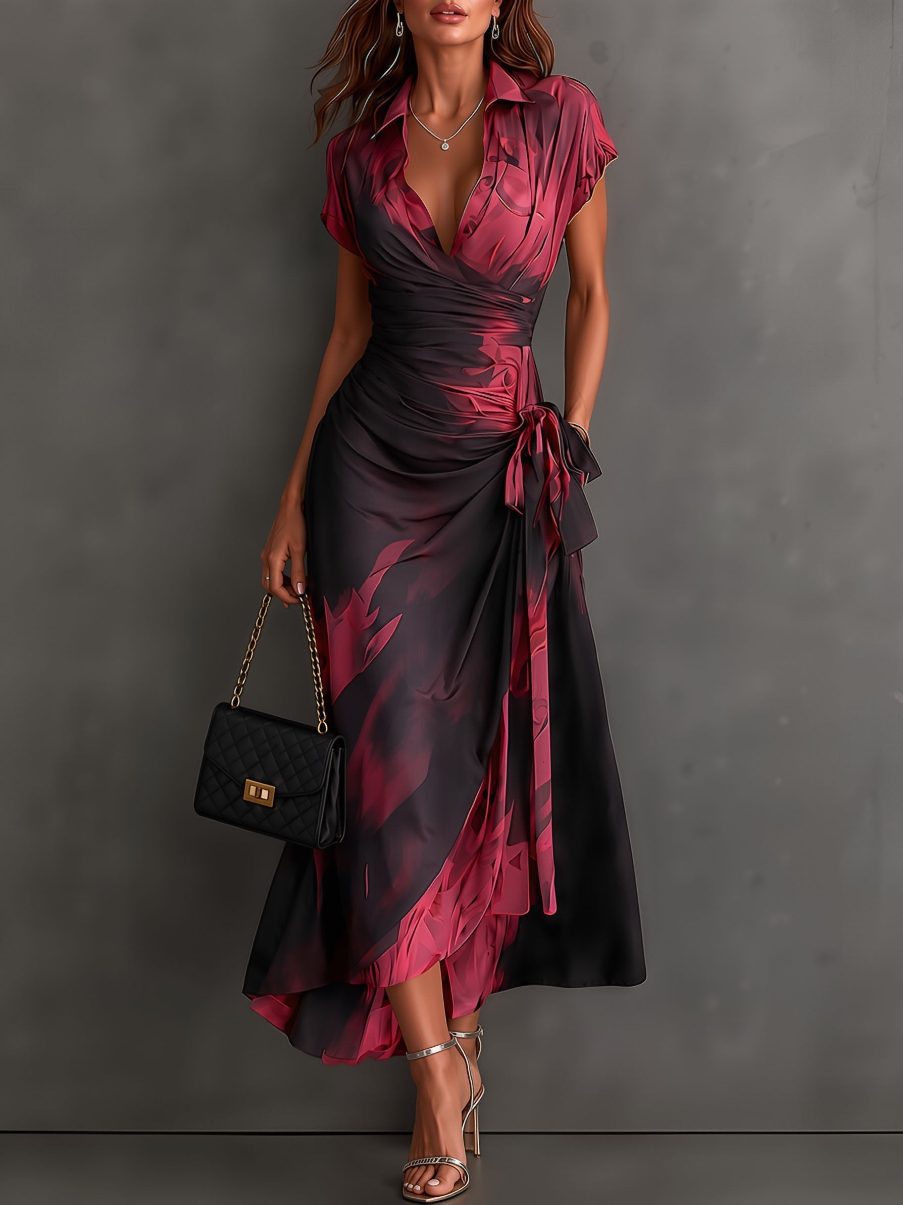 Vestido Midi con Estampado Abstracto y Escote en V